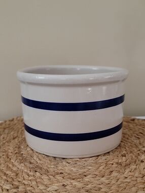 Vintage Robinson Ransbottom Ceramic Crock with Blue Stripes